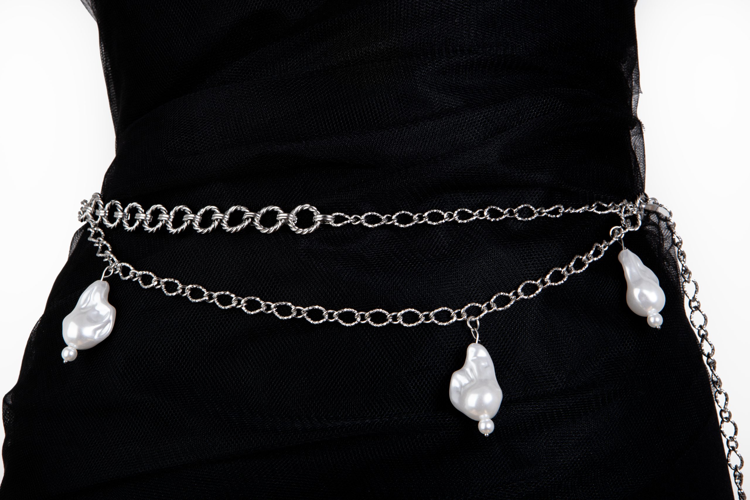 Silver dual pearl chain, ασημένια χειροποίητη ζώνη με κρεμαστά μαργαριτάρια - Image 2